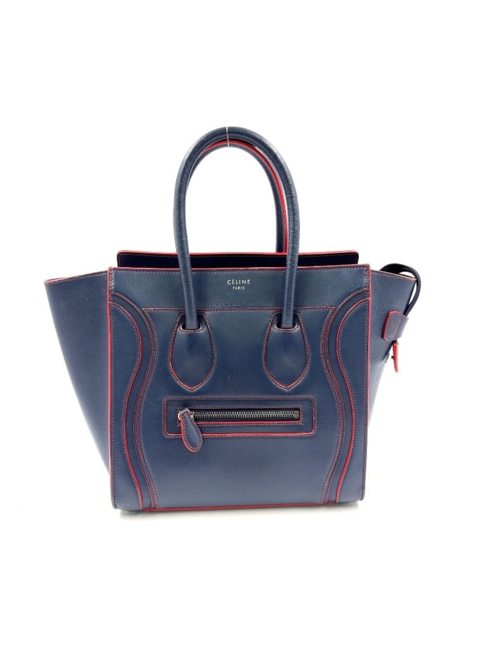 Celine Luggage Leather Navy Red Handbag Silver